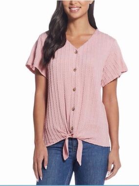 Weatherproof‎ Pink Coral Button-Front Tie-Hem Blouse Cottagecore SZ XL Casual